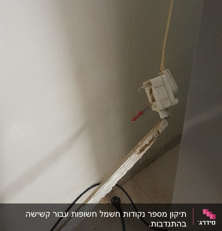 שקע חשמלי עם חוטים חשופים על הקיר